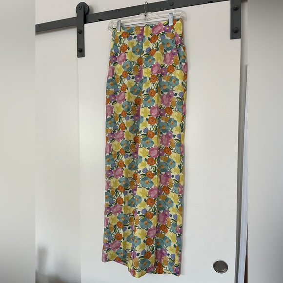 NEW Zara Floral Wide Leg High Waist Pant SMALL Pink Yellow Blue - Picture 4 of 13